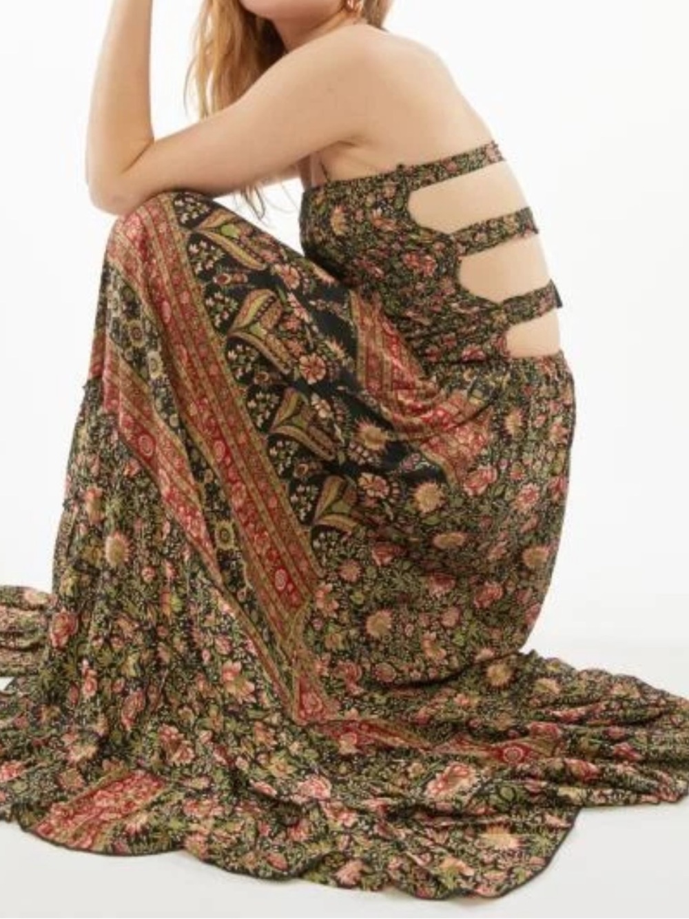 Anthropology RAGA Black & Olive Floral Tiered Dress Size M